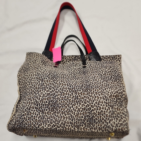 Clare V Handbags - Clare V Leopard Print Tote with Red and Black Straps